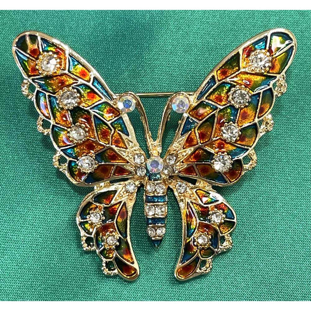 NWOT Butterfly Brooch Pin Multicolor Enamel Clear Crystal Yellow Gold Toned